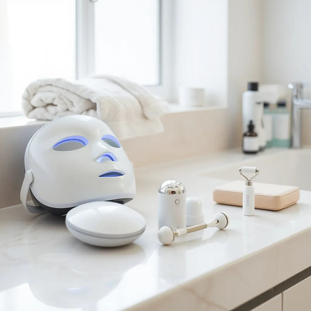 מכשירי טיפוח ביתיים בטוחים לצד מוצרי skincare על משטח אמבטיה נקי באור טבעי רך