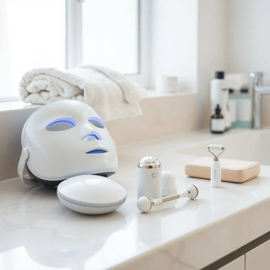 מכשירי טיפוח ביתיים בטוחים לצד מוצרי skincare על משטח אמבטיה נקי באור טבעי רך