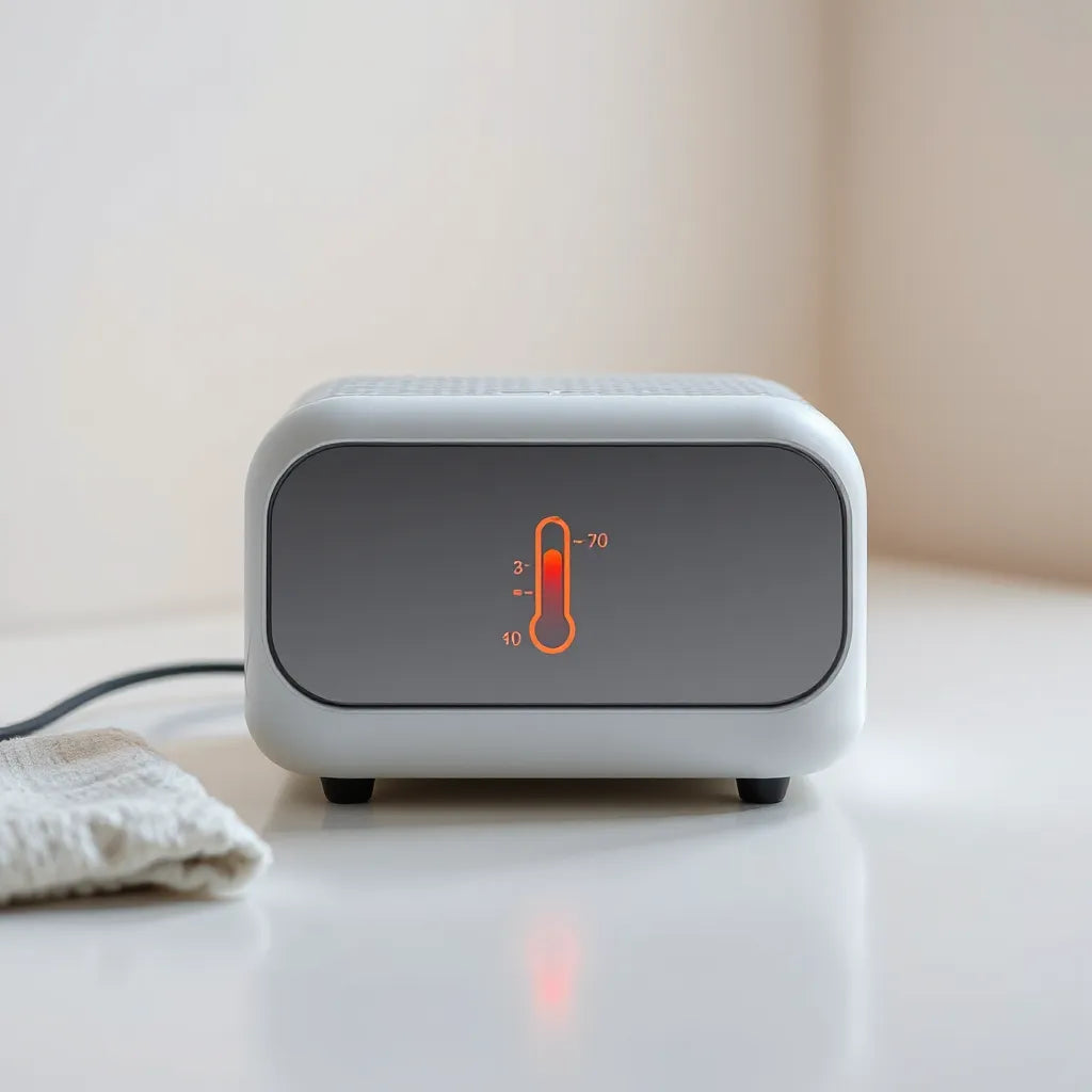 Sleek heating device with subtle indicator lights and even warm airflow for safe temperature control