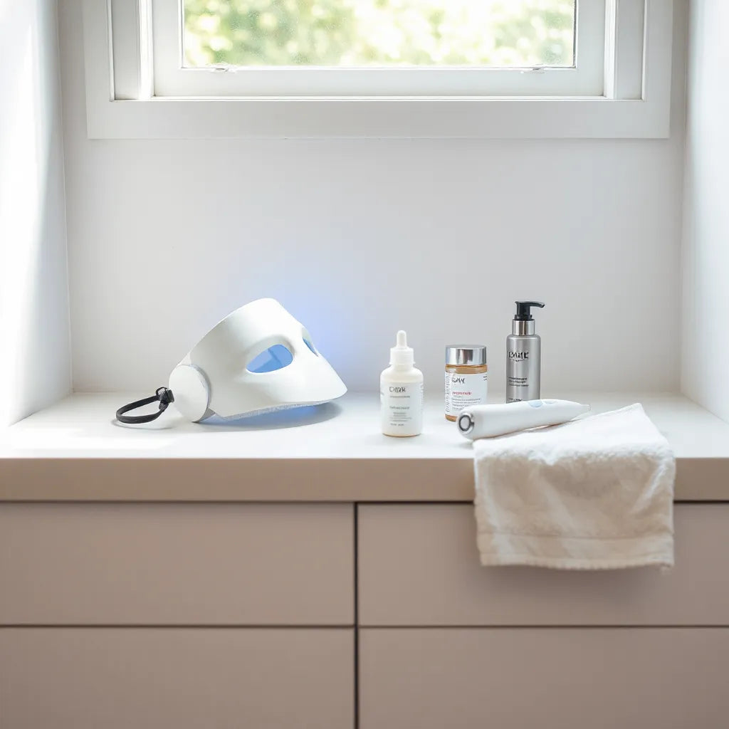Assorted skin care devices and skincare essentials on a clean vanity under natural light